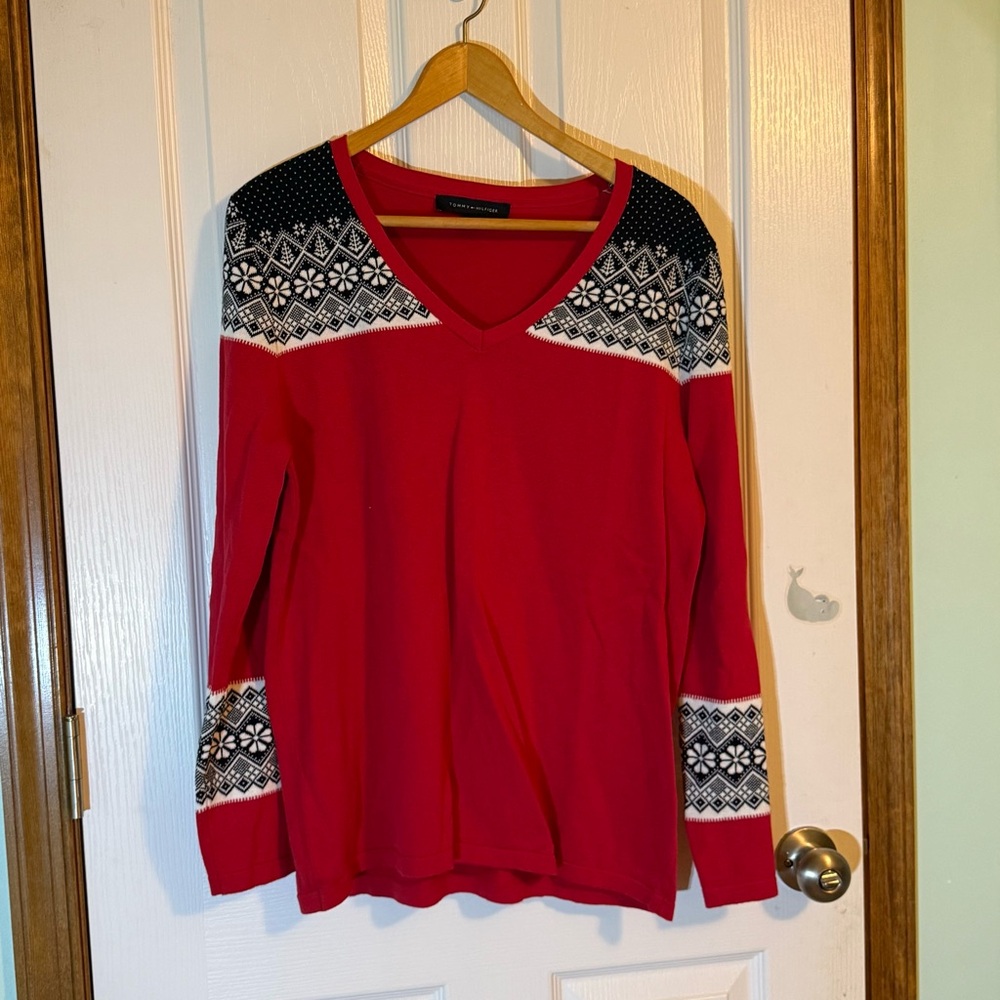 Tommy Hilfiger Red V Neck Ski Sweater With Nordic Navy Accents Large